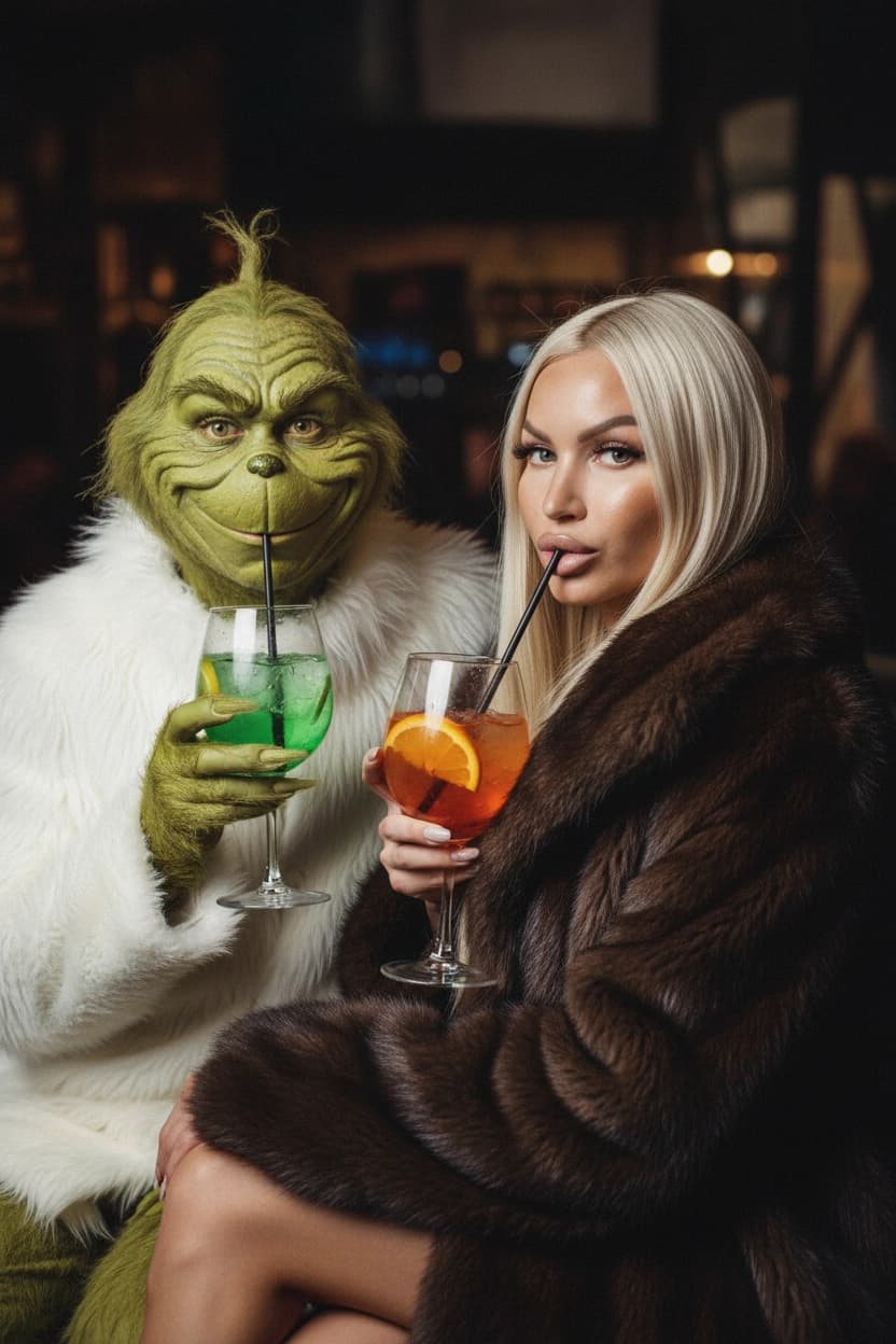 Тренд ИИ фотосессии: Гринч в высшем свете — пример ИИ-фото на Sorya.ru