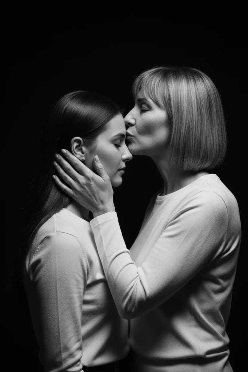 Тренд ИИ фотосессии: Мамин поцелуй — пример ИИ-фото на Sorya.ru