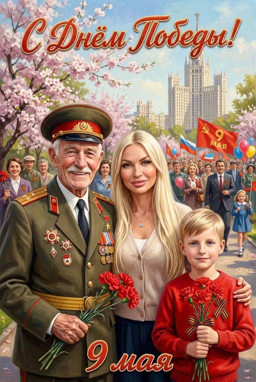 Тренд ИИ фотосессии: Открытка 9 мая до 3 человек — пример ИИ-фото на Sorya.ru