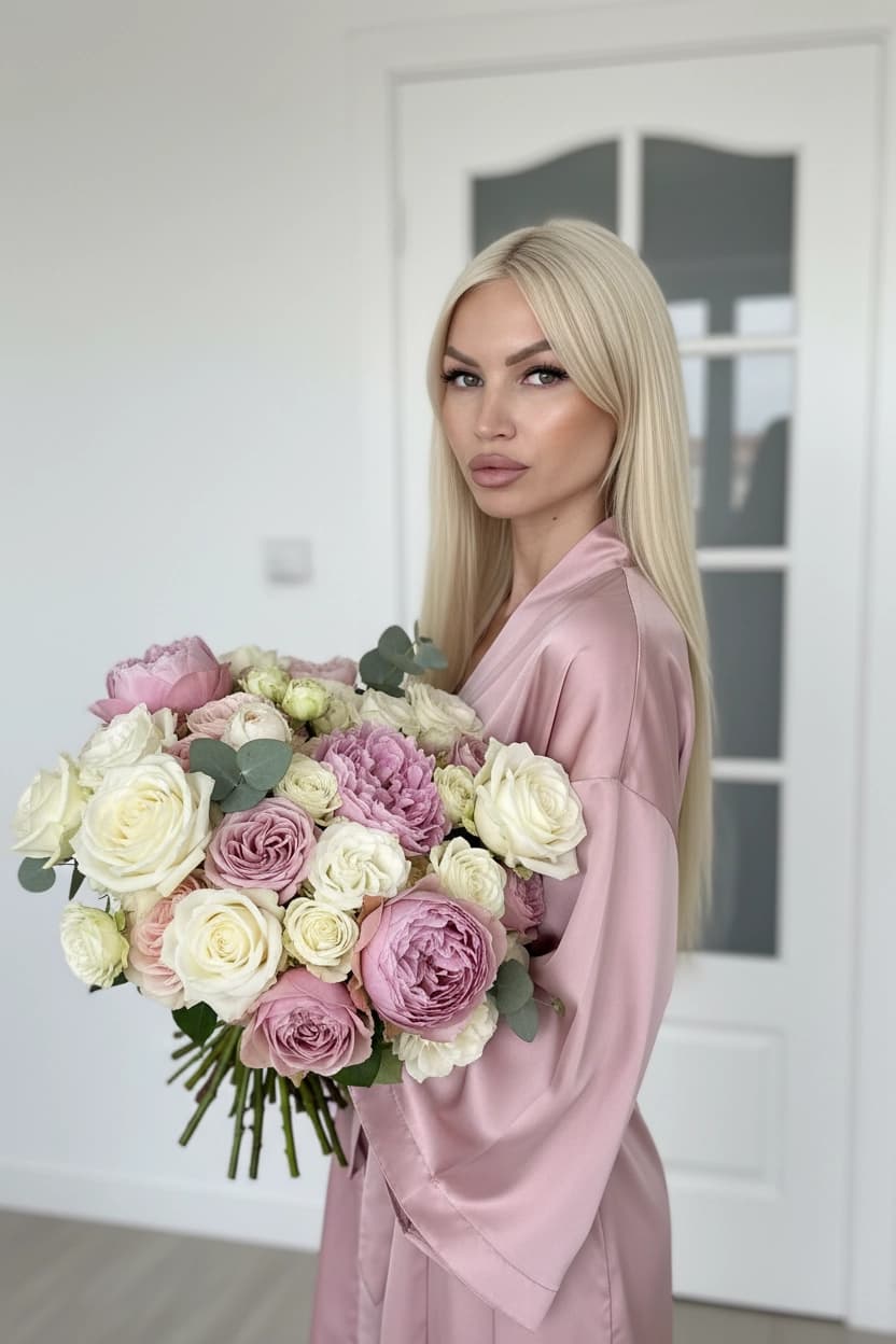 Тренд ИИ фотосессии: Нежность атласа и лепестков — пример ИИ-фото на Sorya.ru