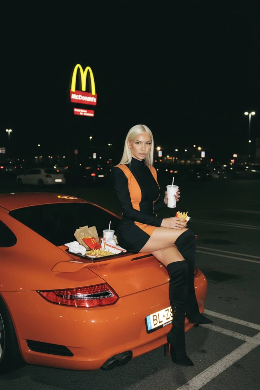 Креативная ИИ фотосессия: McGlamour в три часа ночи — пример генерации Sorya.ru
