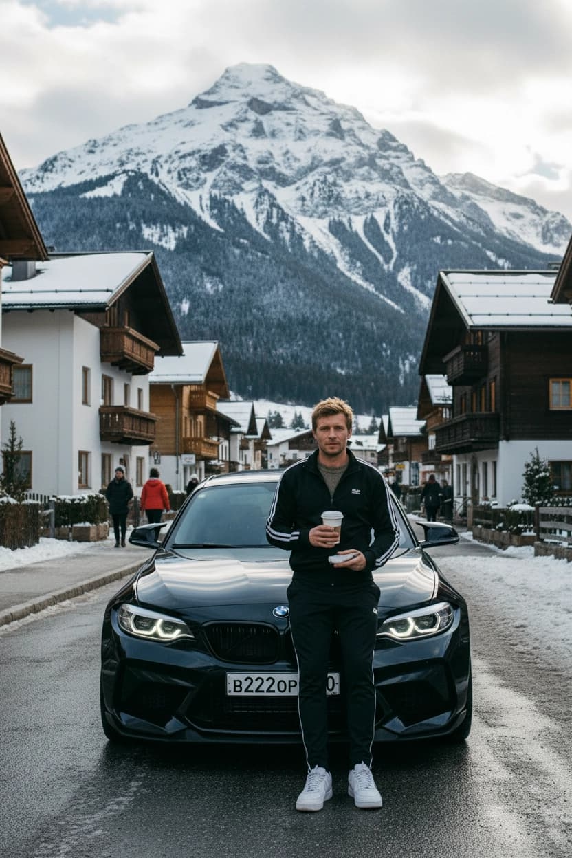 Тренд ИИ фотосессии: Alpine Drive — пример ИИ-фото на Sorya.ru