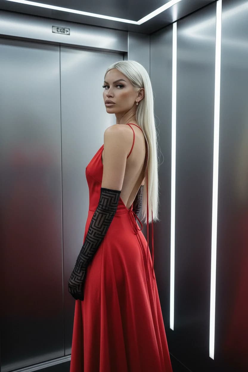 Тренд ИИ фотосессии: Красный Сатин — пример ИИ-фото на Sorya.ru