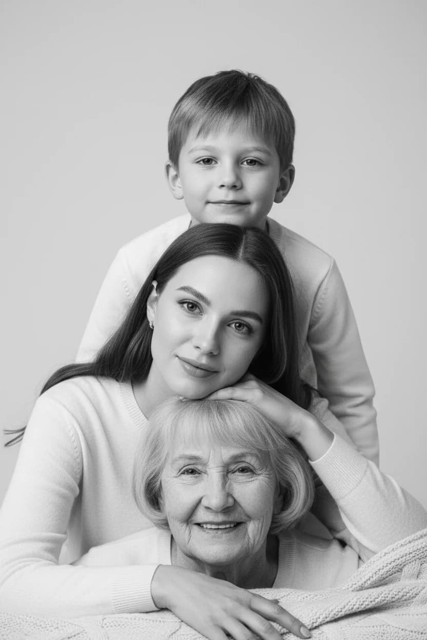 Тренд ИИ фотосессии: Чёрно-белый семейный портрет — пример ИИ-фото на Sorya.ru