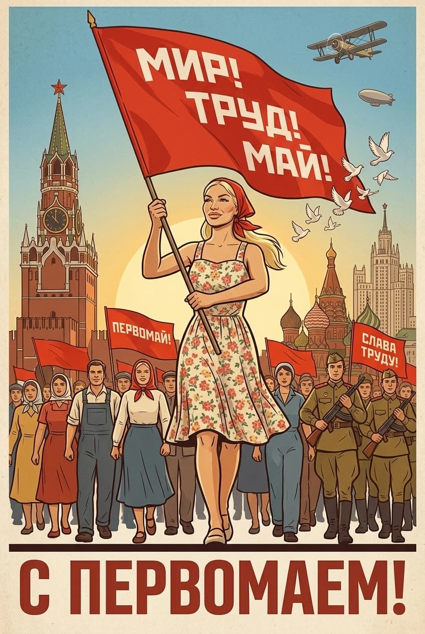 Тренд ИИ фотосессии: Первомайский советский плакат — пример ИИ-фото на Sorya.ru