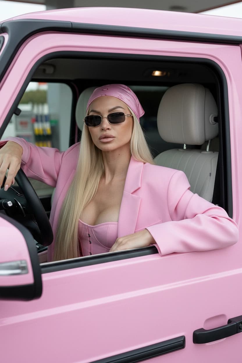 Тренд ИИ фотосессии: Розовый драйв — пример ИИ-фото на Sorya.ru