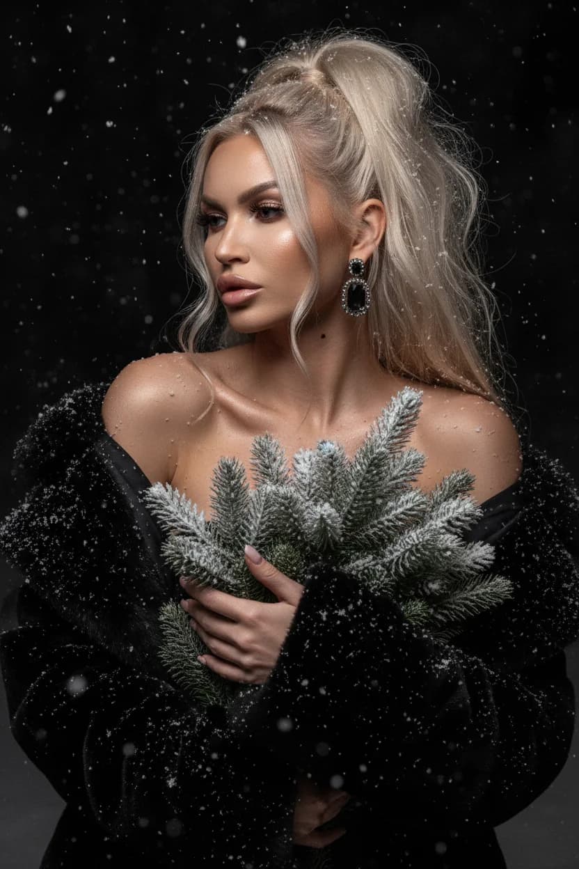 Тренд ИИ фотосессии: Зимний Гламур — пример ИИ-фото на Sorya.ru