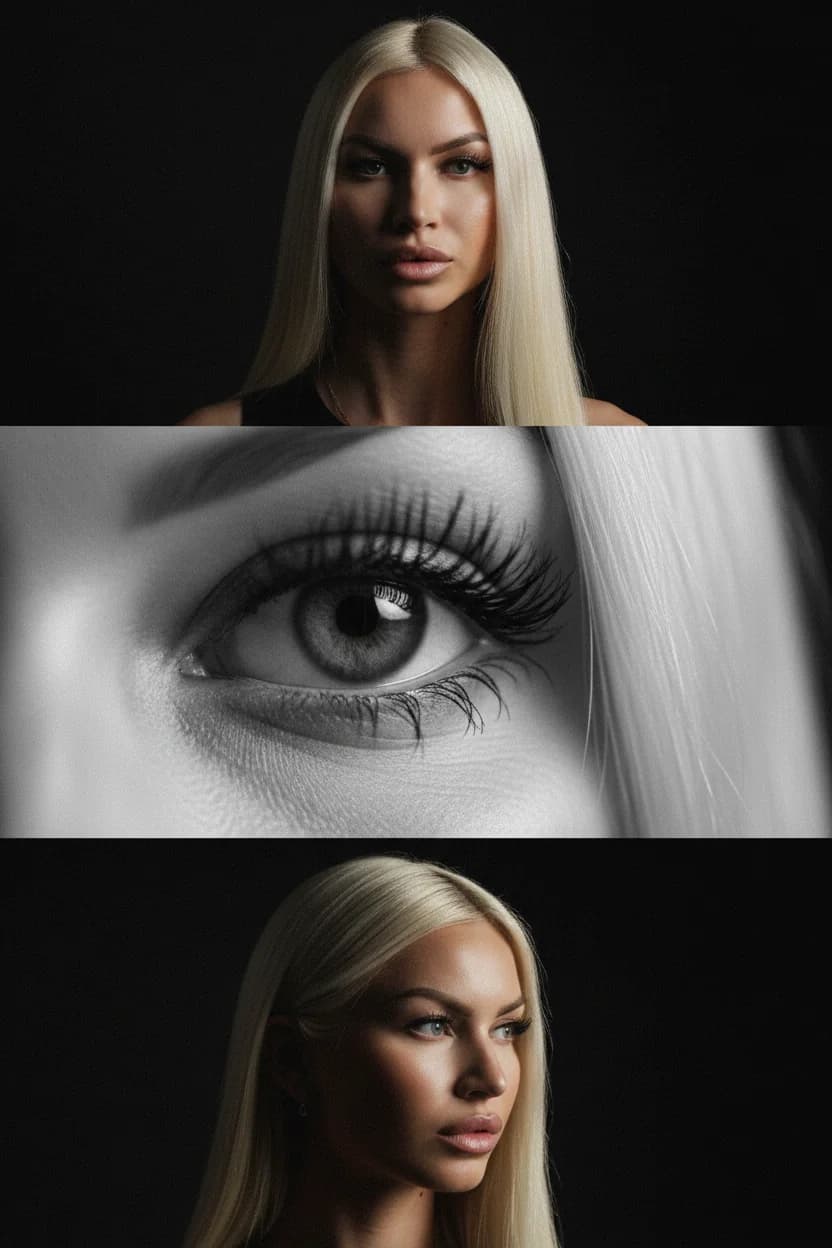 Тренд ИИ фотосессии: Драматичный коллаж из трёх кадров . — пример ИИ-фото на Sorya.ru