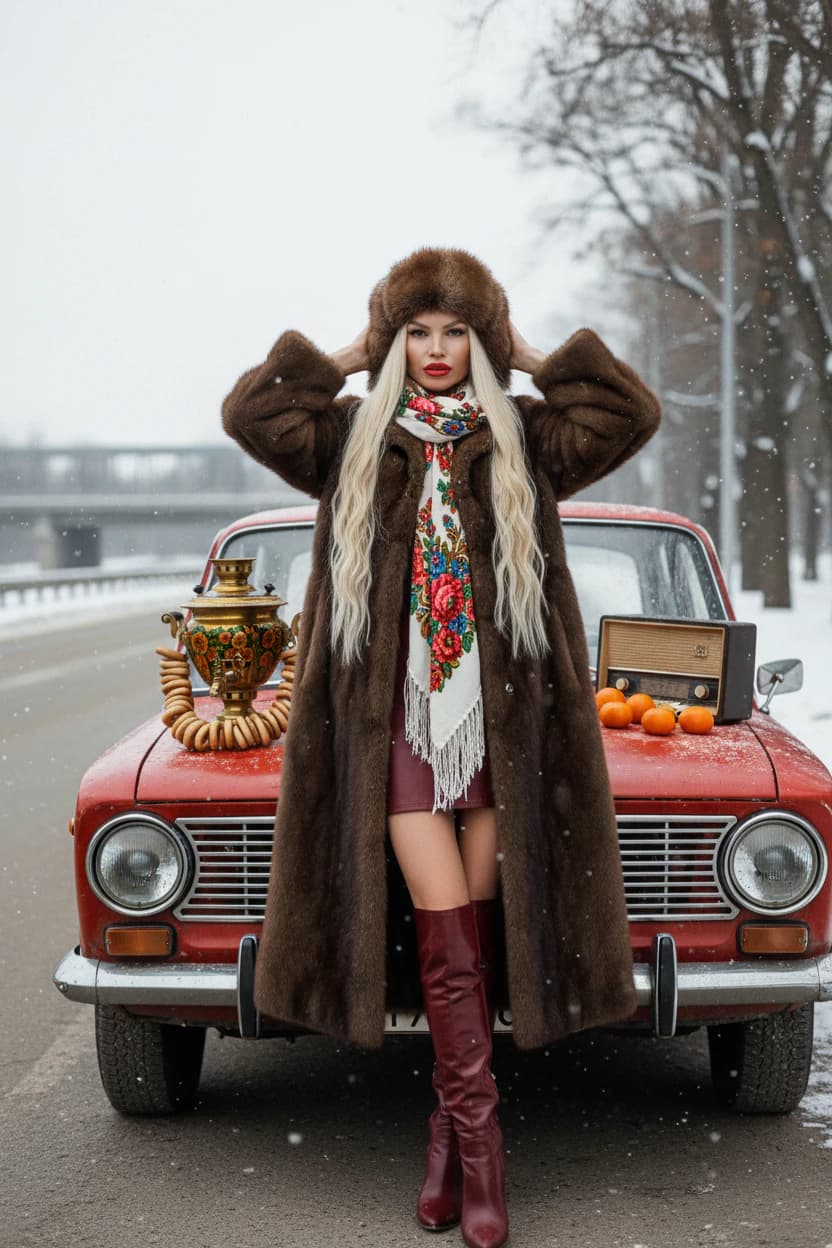 Тренд ИИ фотосессии: Русская зима: Вне времени — пример ИИ-фото на Sorya.ru