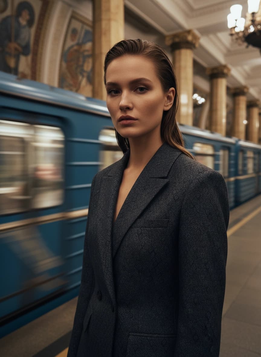 Идея для ИИ фотосессии: Фотосессия на платформе в метро — пример генерации нейросети Sorya