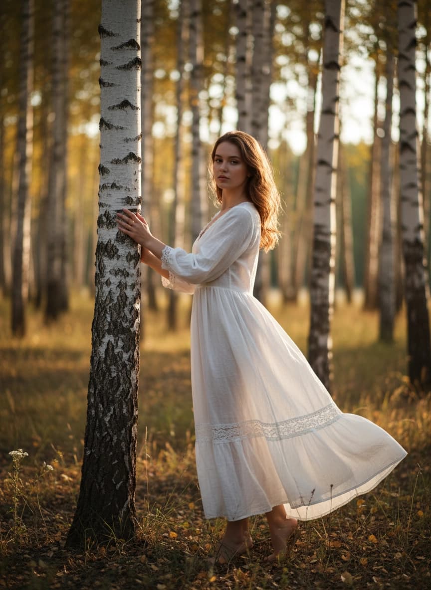 Идея для ИИ фотосессии: Фотосессия с берёзками — пример генерации нейросети Sorya