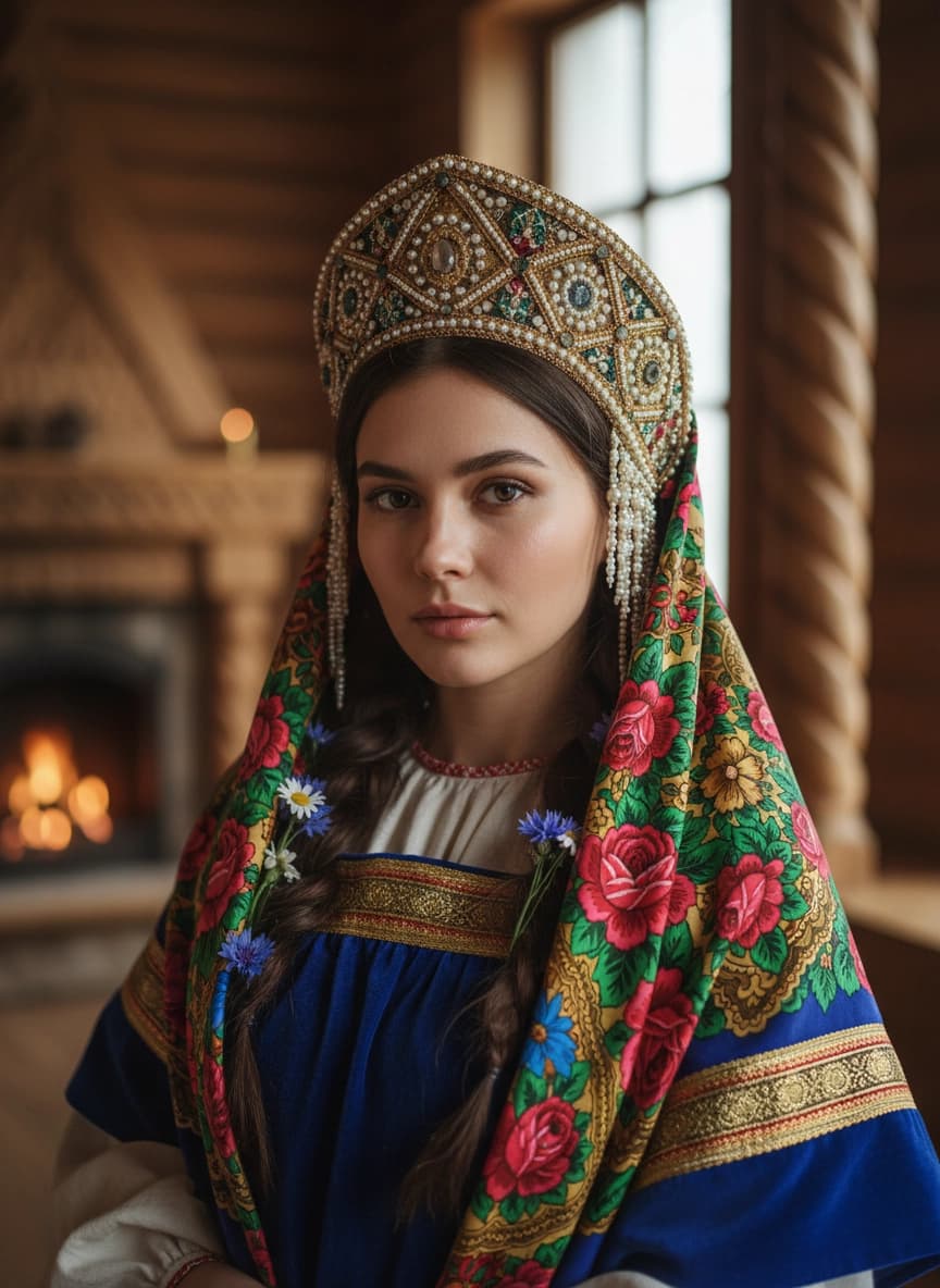 Идея для ИИ фотосессии: Фотосессия в русских народных образах — пример генерации нейросети Sorya