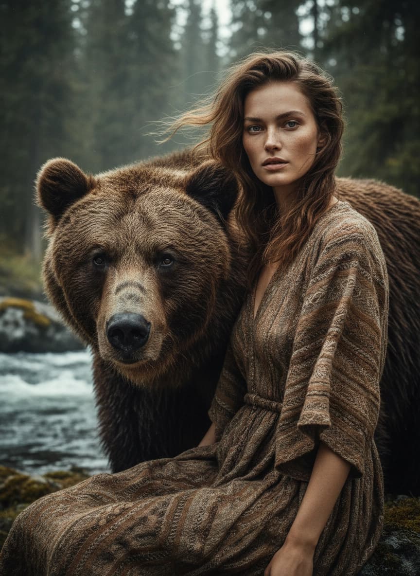 Идея для ИИ фотосессии: Фотосессия с медведем — пример генерации нейросети Sorya