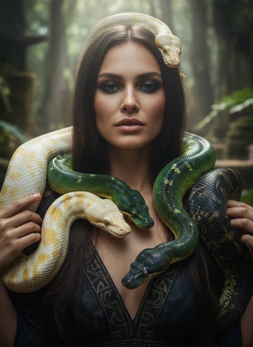 Креативная ИИ фотосессия: Фотосессия со змеёй — пример генерации Sorya.ru