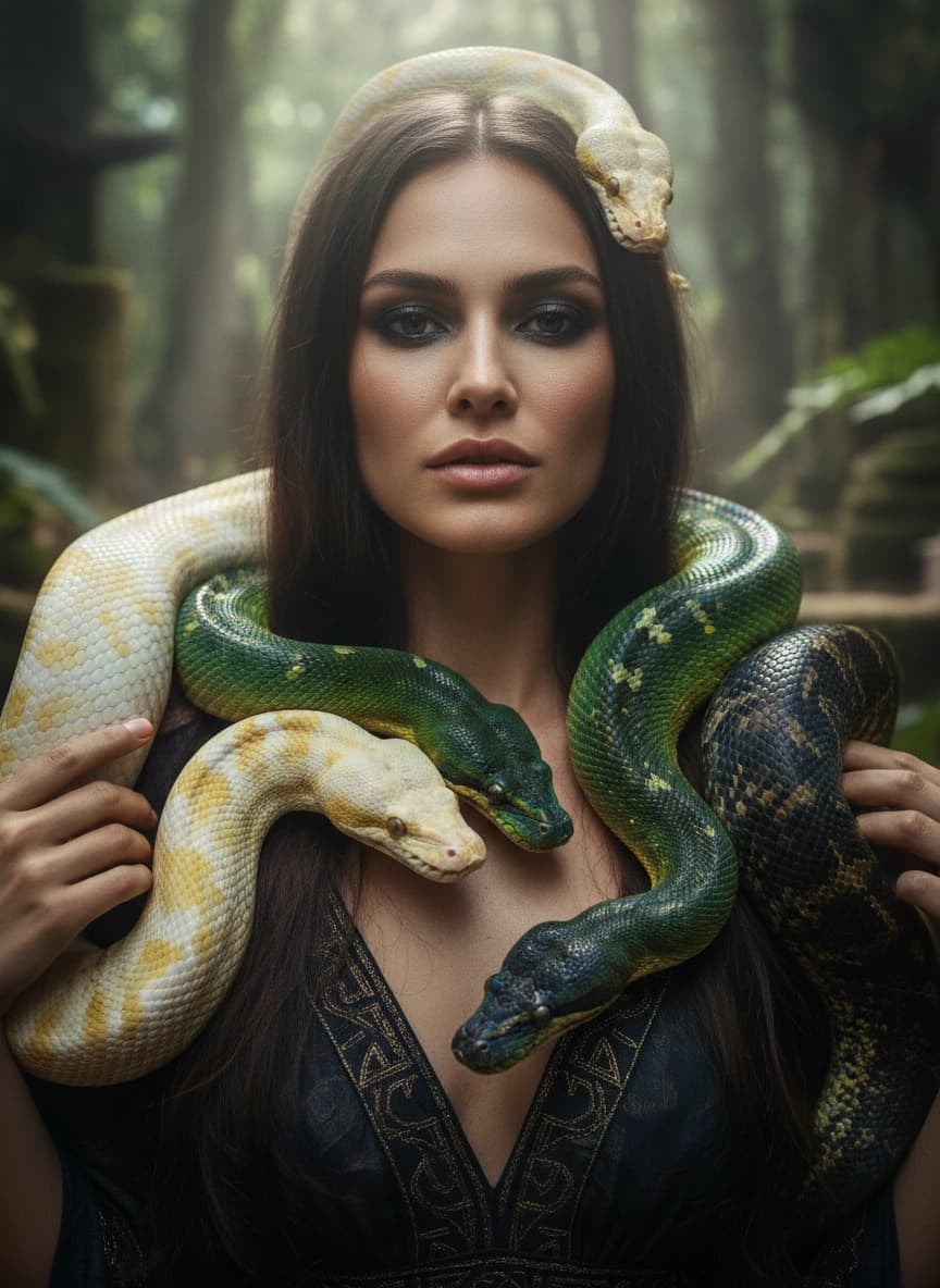 Креативная ИИ фотосессия: Фотосессия со змеёй — пример генерации Sorya.ru