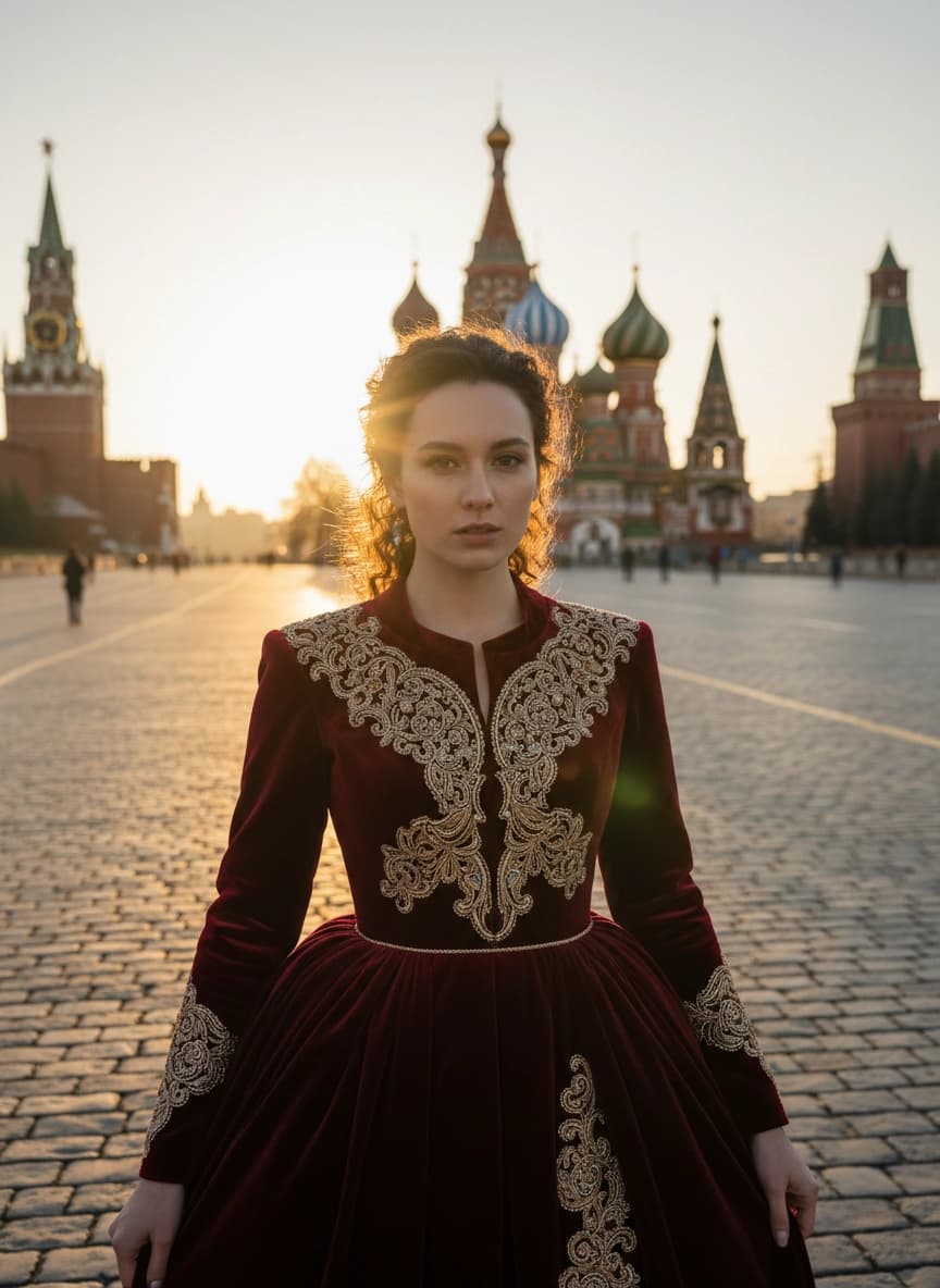 Идея для ИИ фотосессии: Фотосессия на Красной площади — пример генерации нейросети Sorya