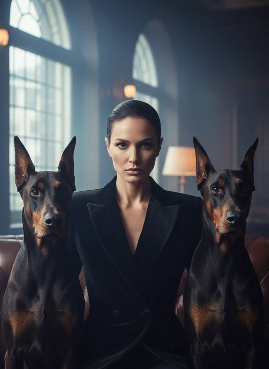 Креативная ИИ фотосессия: Фотосессия с доберманами — пример генерации Sorya.ru