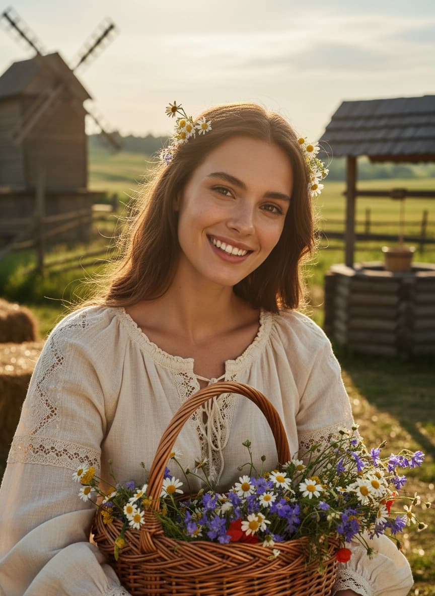 Идея для ИИ фотосессии: Фотосессия в деревне — пример генерации нейросети Sorya
