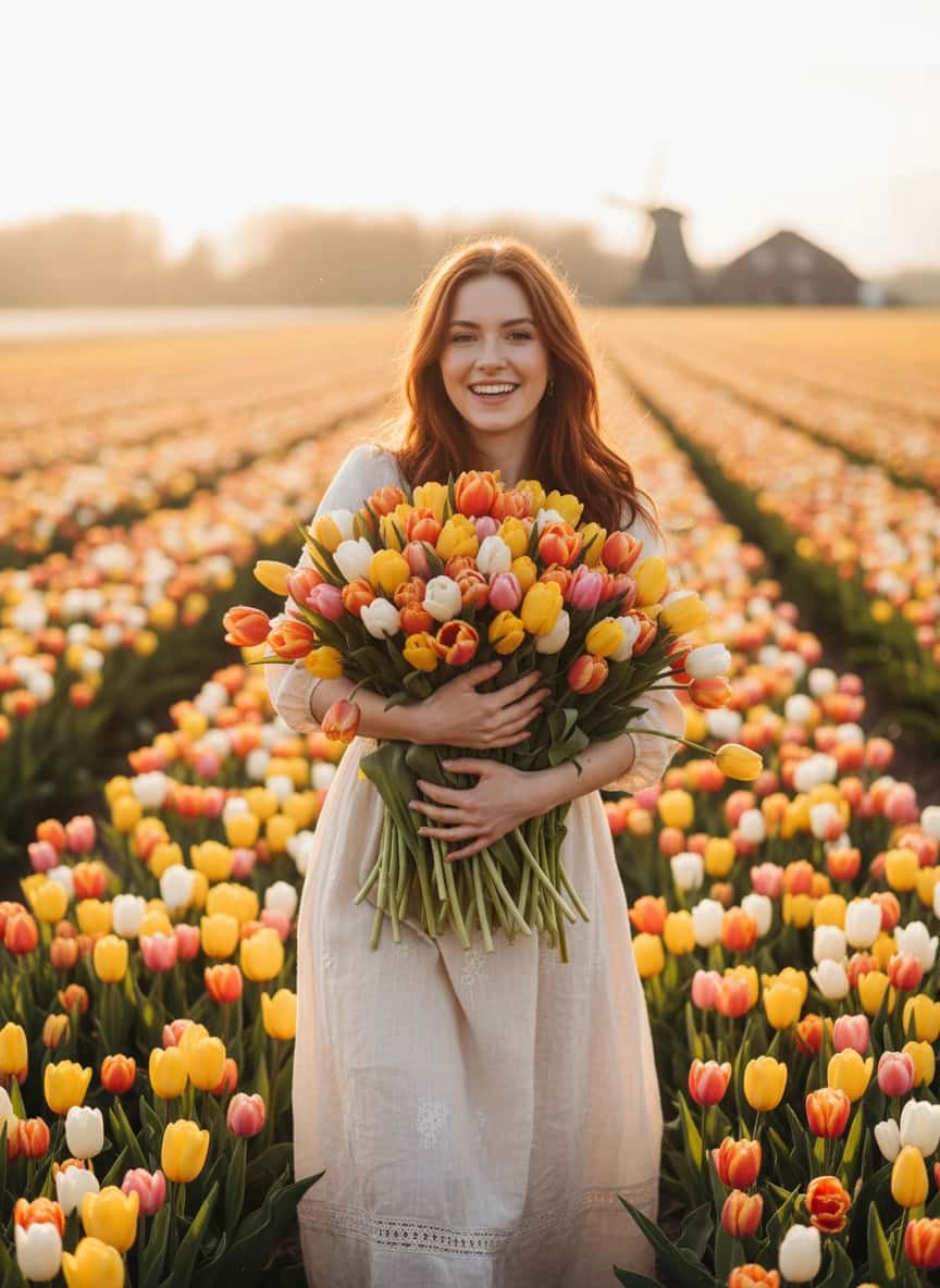 Пример портрета Фотосессия с тюльпанами от нейросети Sorya