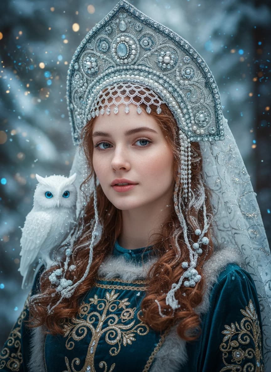 Идея для ИИ фотосессии: Фотосессия в стиле русской сказки — пример генерации нейросети Sorya