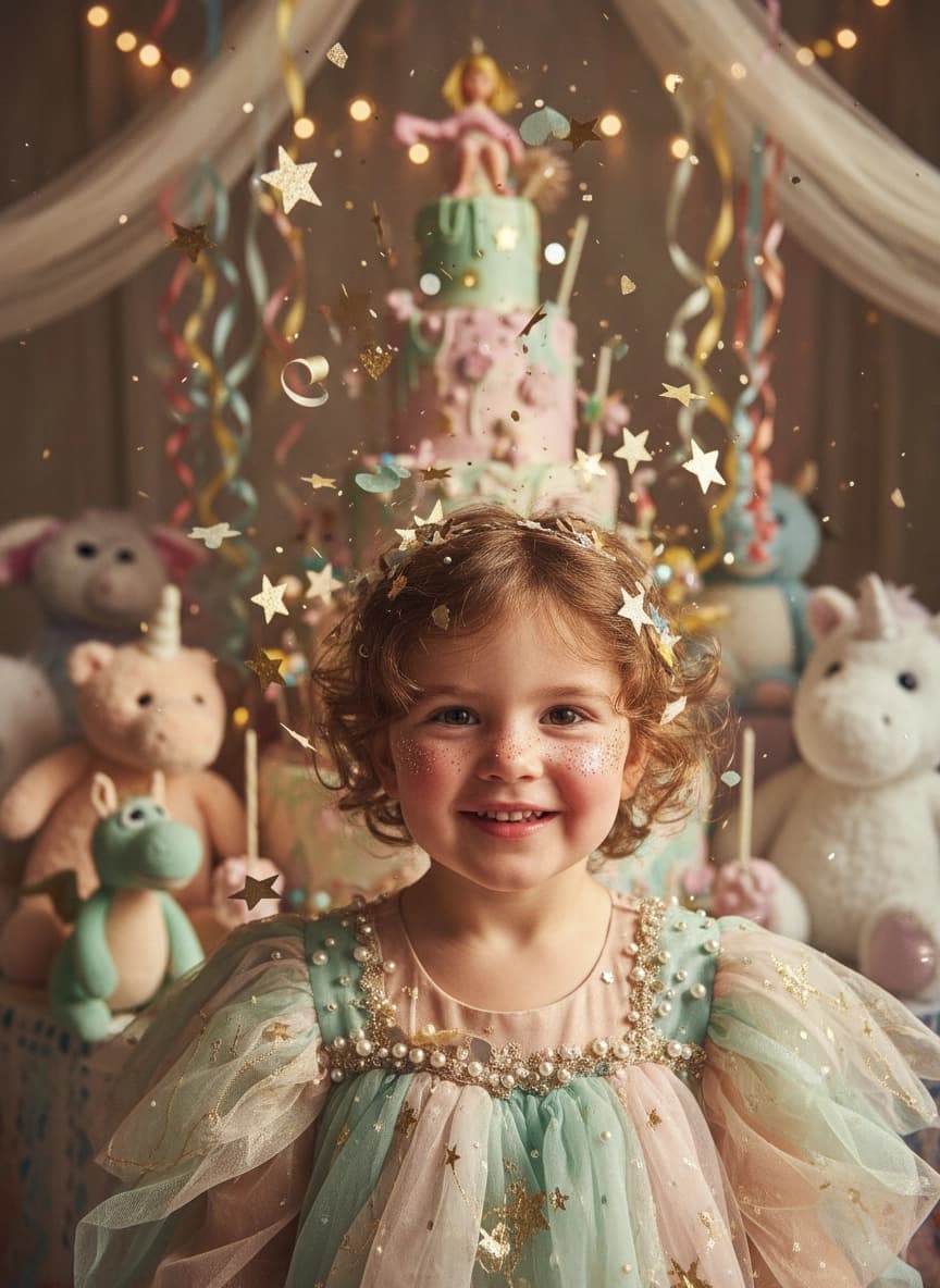 Идея для ИИ фотосессии: Фотосессия на день рождения ребёнка — пример генерации нейросети Sorya
