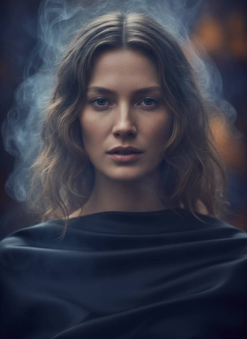 Креативная ИИ фотосессия: Фотосессия в дыму — пример генерации Sorya.ru