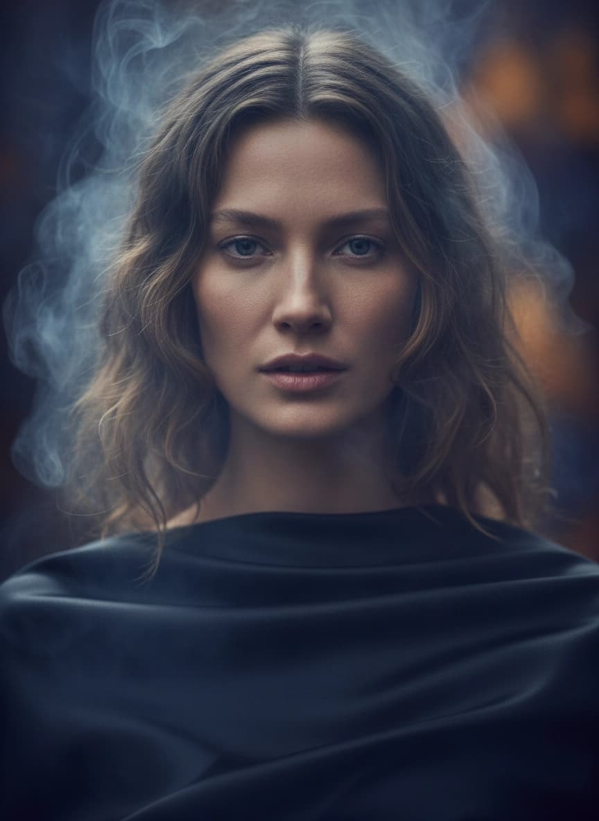Креативная ИИ фотосессия: Фотосессия в дыму — пример генерации Sorya.ru