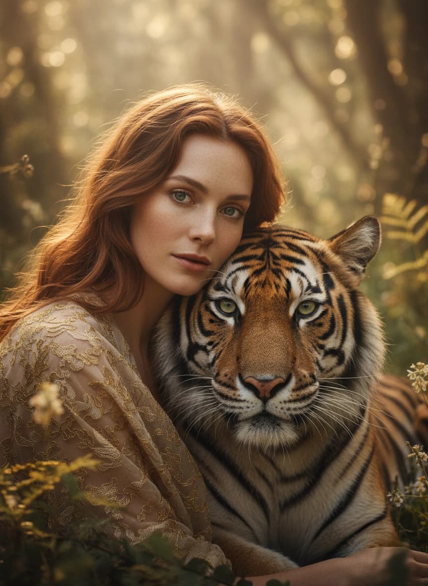 Креативная ИИ фотосессия: Фотосессия с животными — пример генерации Sorya.ru