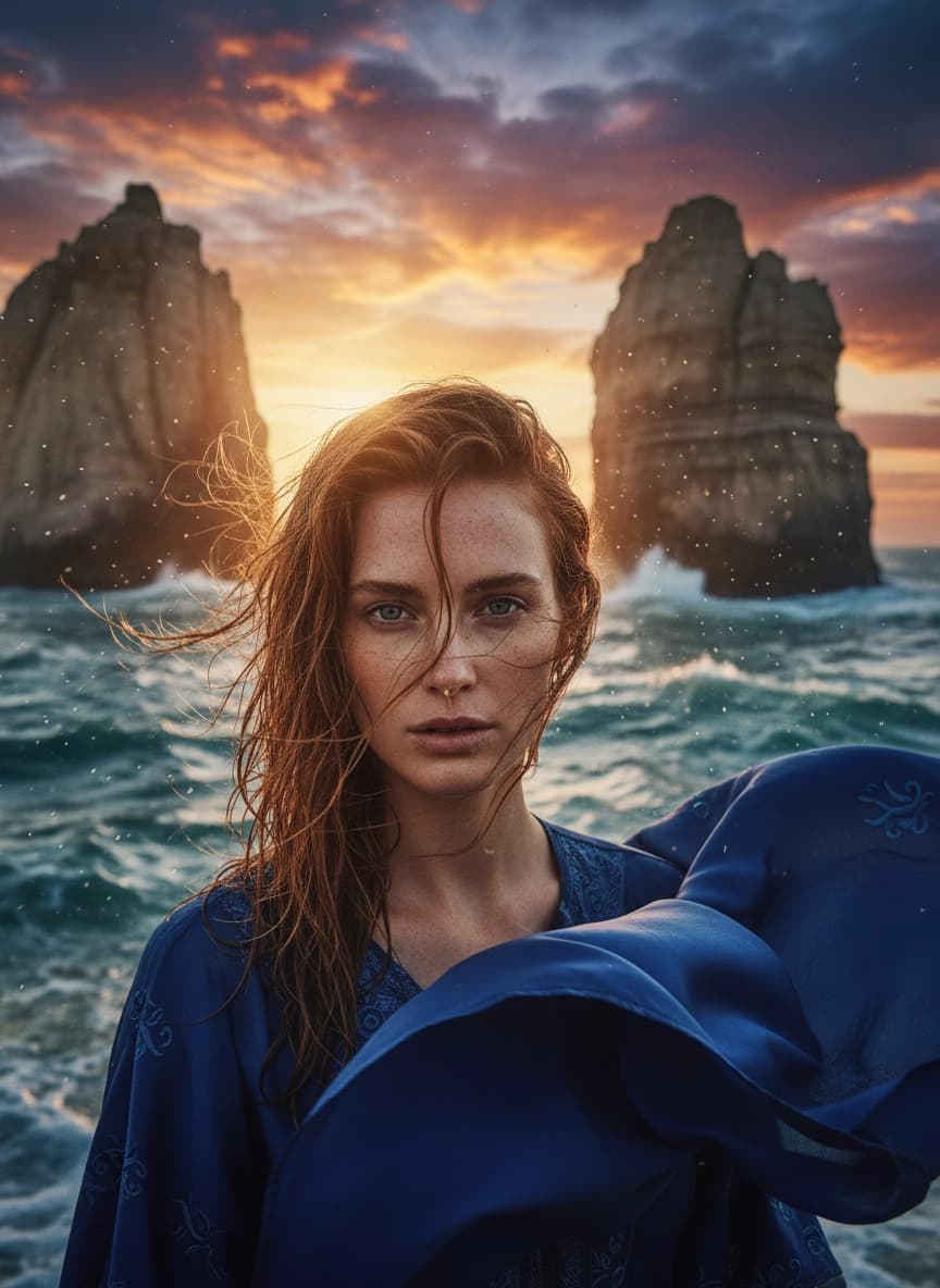 Идея для ИИ фотосессии: Фотосессия на морских скалах — пример генерации нейросети Sorya