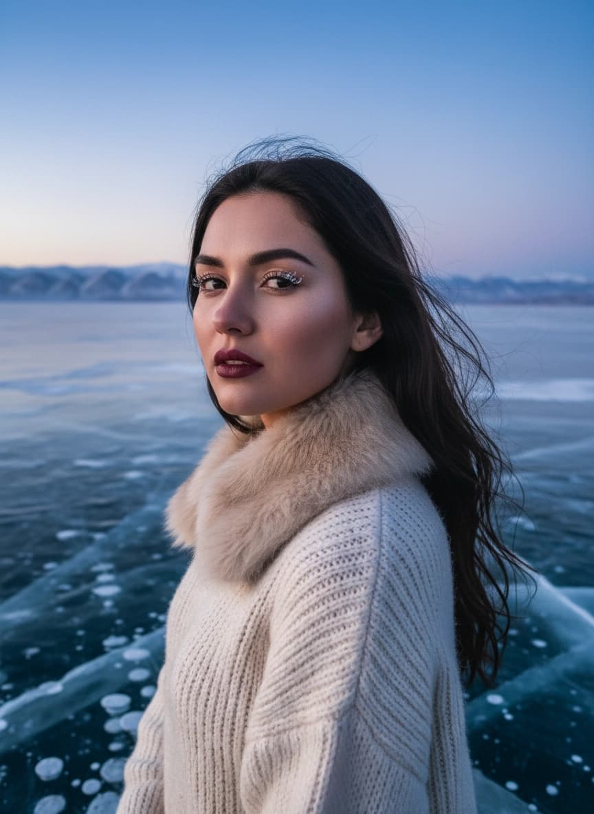Идея для ИИ фотосессии: Фотосессия на Байкале — пример генерации нейросети Sorya