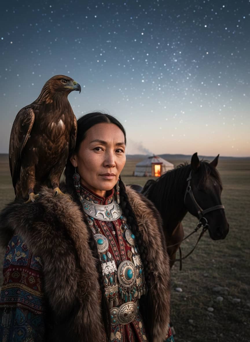 Креативная ИИ фотосессия: Фотосессия в стиле кочевника — пример генерации Sorya.ru