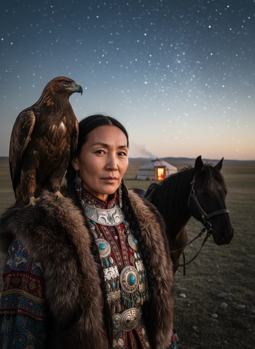 Идея для ИИ фотосессии: Фотосессия в стиле кочевника — пример генерации нейросети Sorya