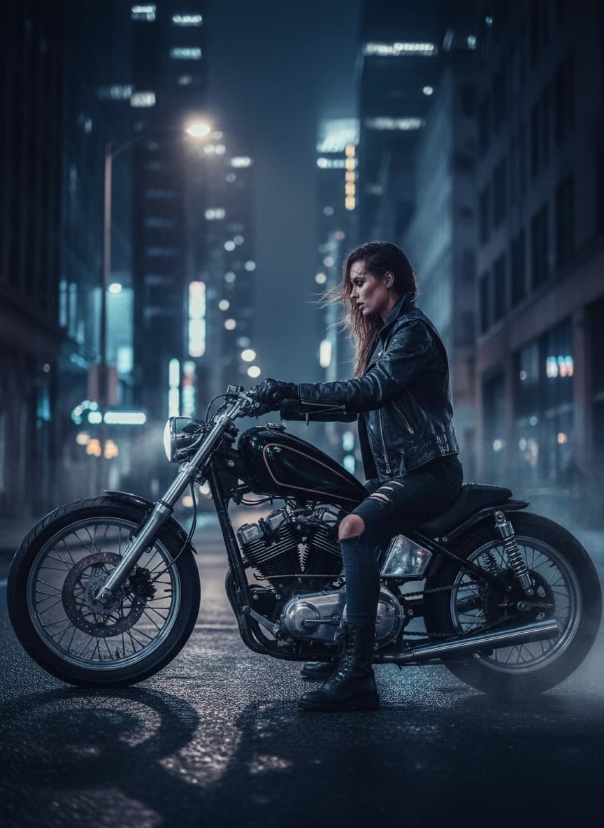 Пример портрета Фотосессия с мотоциклом от нейросети Sorya